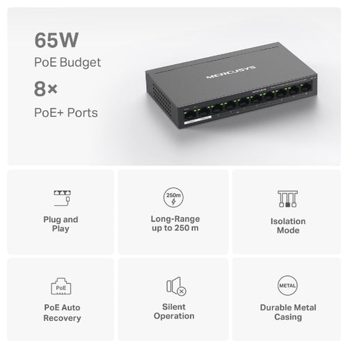 MS110P <br>10-Port 10/100Mbps Desktop Switch with 8-Port PoE+